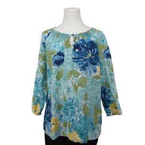 Charter Club 100% Linen Aqua Floral Peasant Top 16 Boho Coastal Resortwear